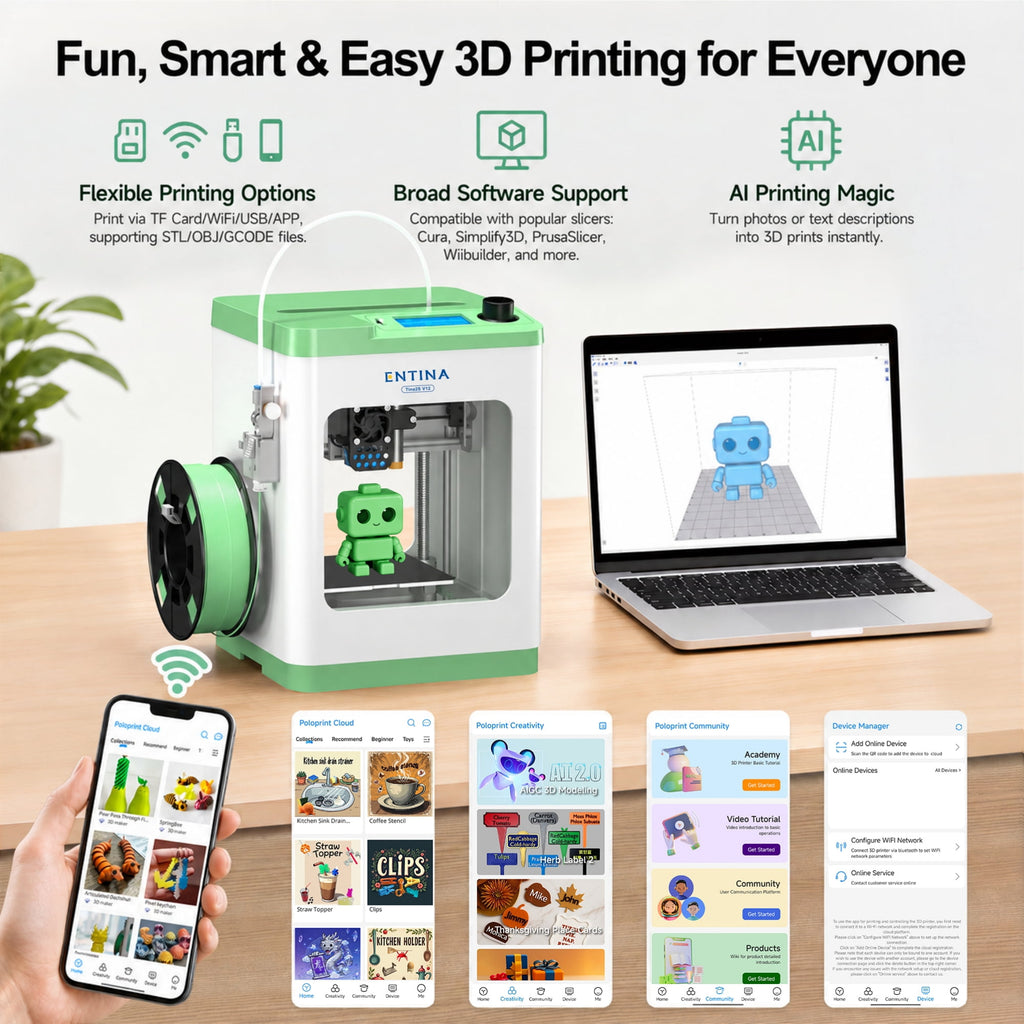 Entina Desktop 3D Printer Tina2S, Wi-Fi Control Auto Leveling Heated Plate for Beginners STEM DIY