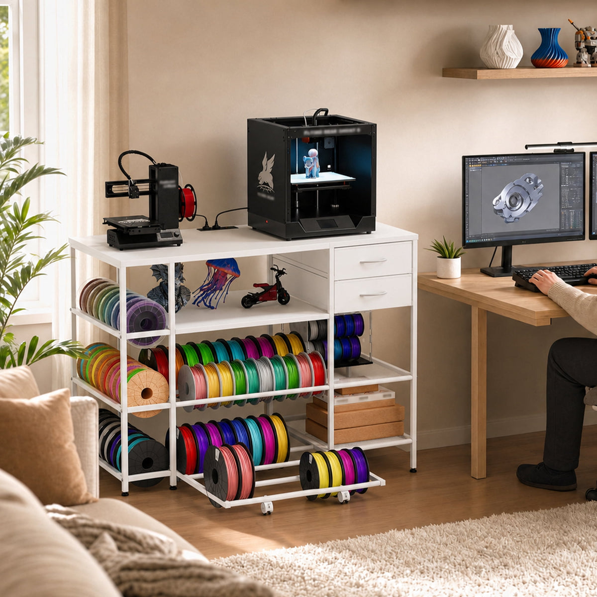 Advwin 47" Heavy Duty 3D Printer Stand with Power Outlet, Pull-Out Rolling Filament Storage Rack, 2 Fabric Drawers & Open Shelves, 3D Printer Table Workstation for Home Office Studio, Black