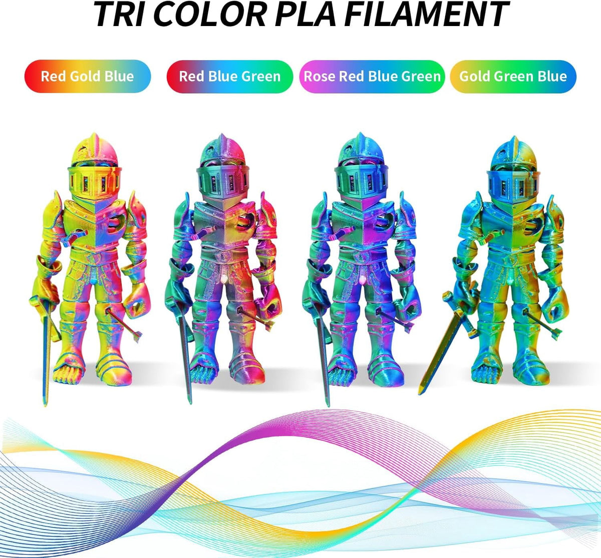 3D Printer Filament Triple Color Silk PLA Filament 1.75mm, 3D Printing Filament Bundle,tri Color 250g*4 Pack-B, 250g X 4 Pack