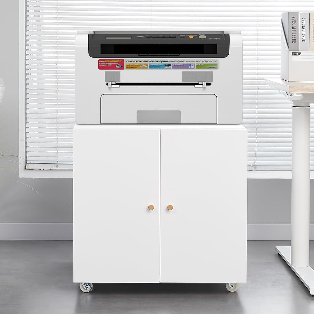 Heavy Duty Metal Printer Stand with Lockable Doors - Adjustable Shelf & Wheels - Large Mobile Filing Cabinet for Office Storage, 3D Printers, Copiers, Heat Press - 90kg Capacity - White, Big