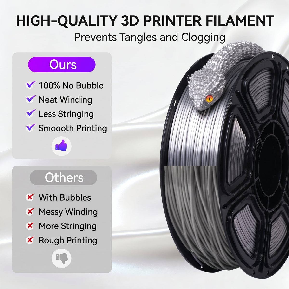 Epelay Silk PLA Plus 3D Printer Filament 1.75mm, Shiny Silver Finish, 1kg Spool, Strong Layer Adhesion, Smooth & Glossy Prints, Fits Most FDM Printers