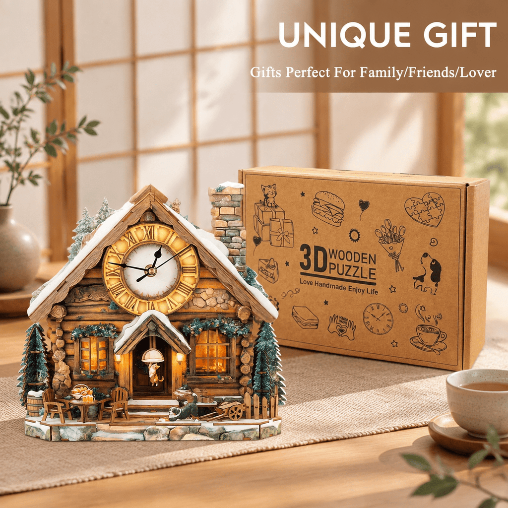 Wooden House Clock 3D Puzzle DIY Mechanical Clock Kit for Adults Teens