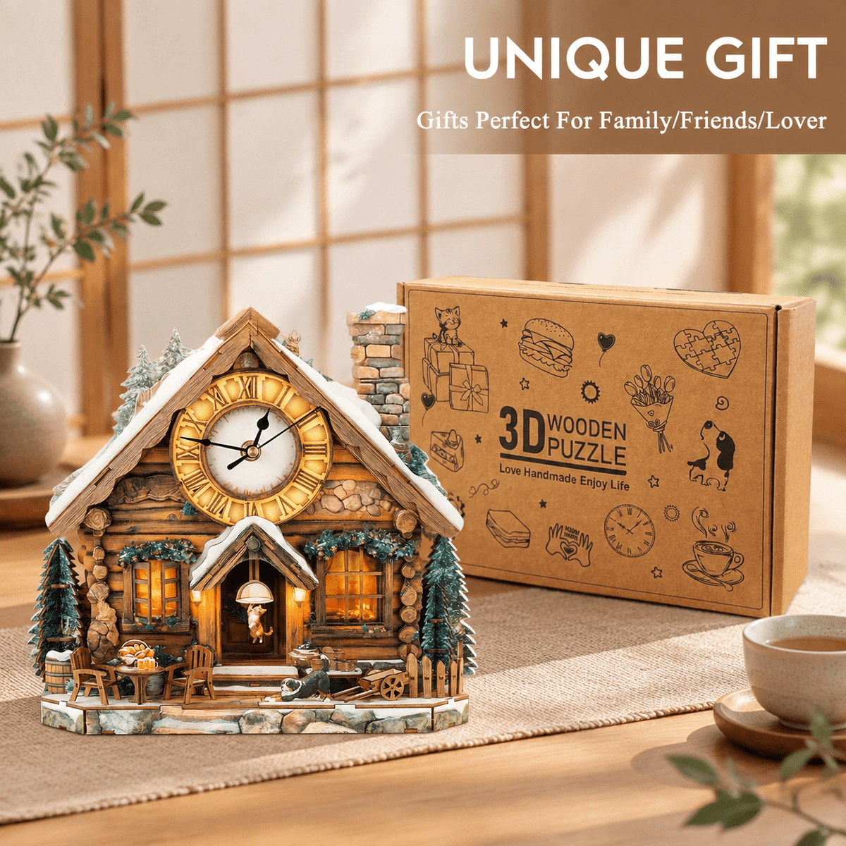 Wooden House Clock 3D Puzzle DIY Mechanical Clock Kit for Adults Teens