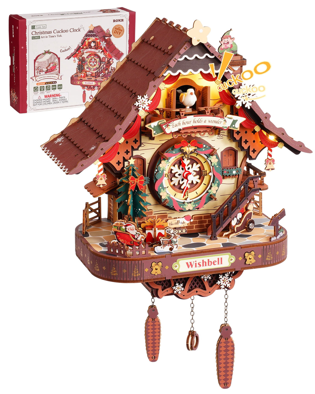 ROKR Christmas Cuckoo Clock, Wooden 3D Puzzle Mechanical Model Kit with LED Light and Moving Parts, Holiday Home Decor Display Xmas Gift for Adults