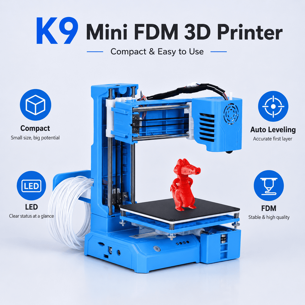 Fully Assembled Mini K9 3D Printer, High-Precision 3D Printing Machine with Automatic Leveling, Suitable for Beginners, Compact Blue 3D Printer for Hobbyists, blue, 1set