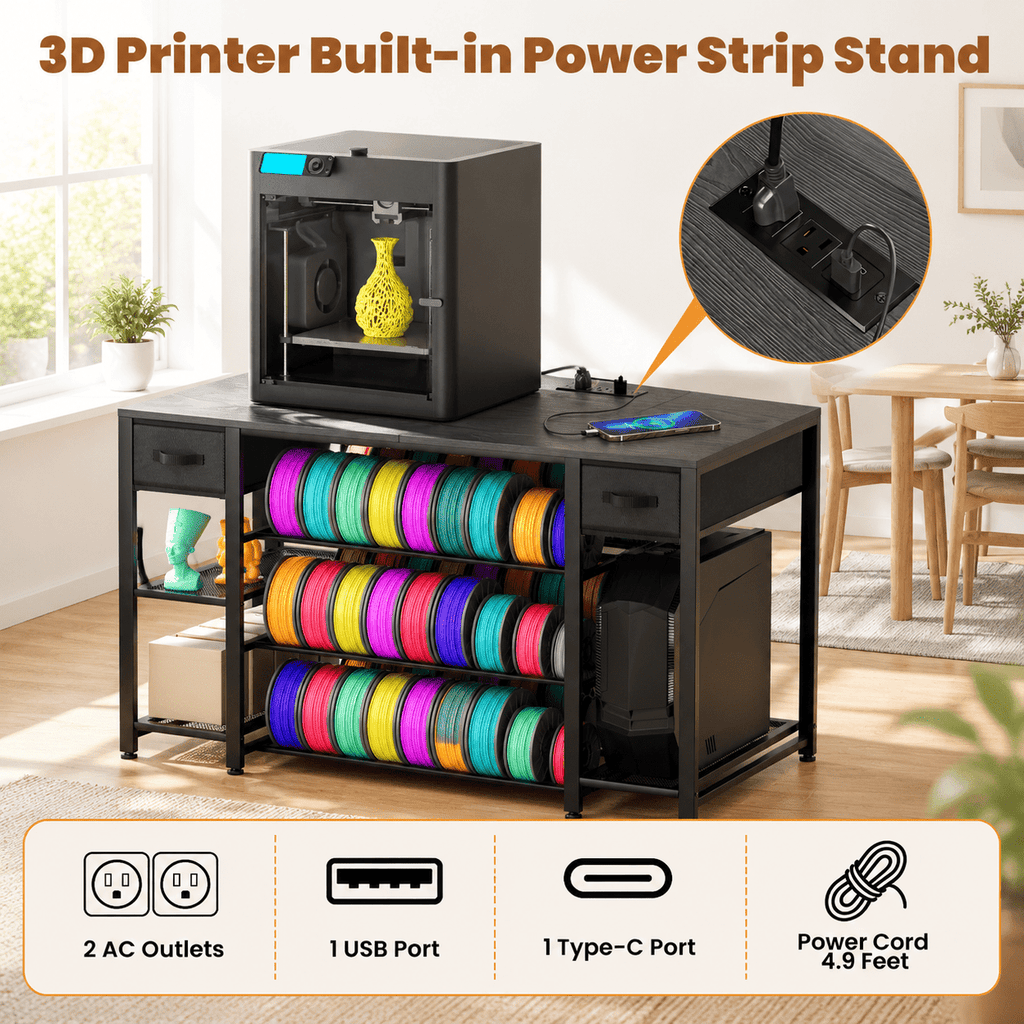 Rectangular Brown Heavy Duty Metal 3D Printer Table with Storage Drawer and Power Hub