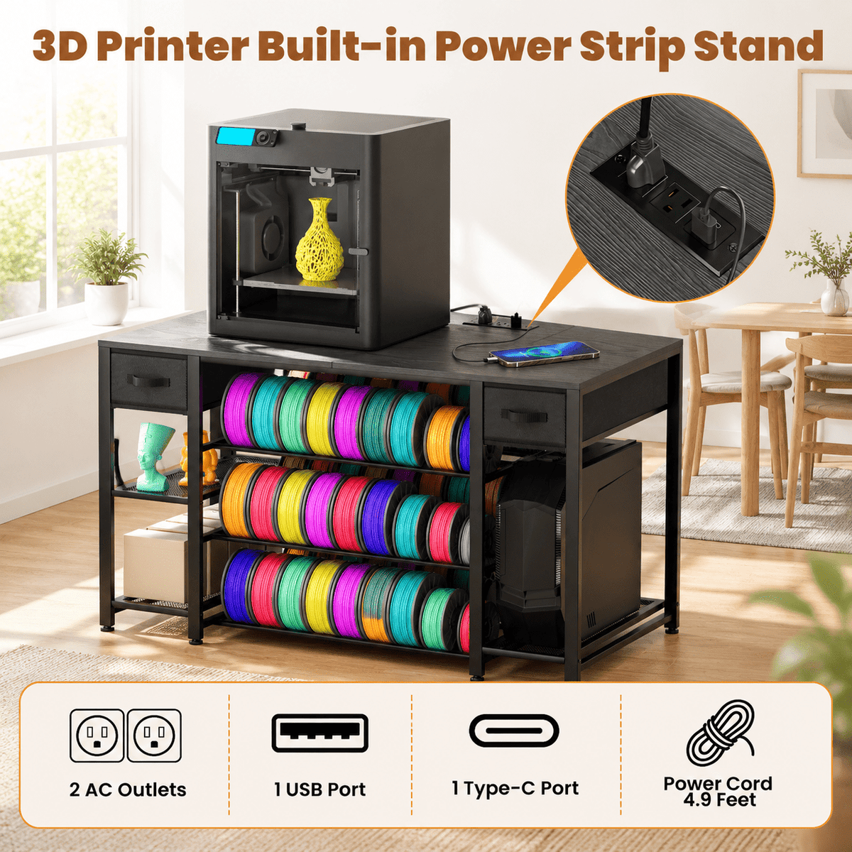 Rectangular Brown Heavy Duty Metal 3D Printer Table with Storage Drawer and Power Hub
