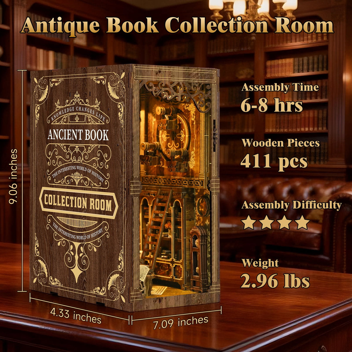 Book Nook Kit for Adults, 3D Wooden Puzzle with LED Light, Ancient Book Collection Model Bookshelf Decor, DIY Miniature MDF Bookshelf Craft Decor