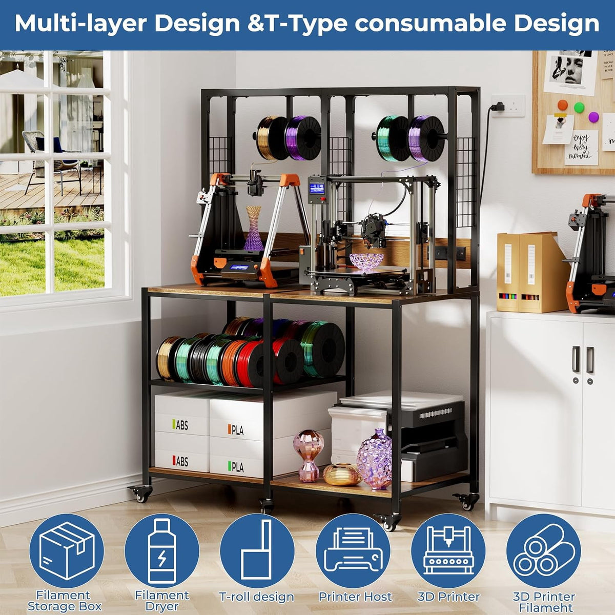 YWEN Double 3D Printer Stand with Filament Storage, Heavy-Duty Metal Frame Dual 3D Printer Table Workbench, T-Type Filament Holder, Lockable Wheels, Mobile or Fixed Printer Rack for Home & Workshop