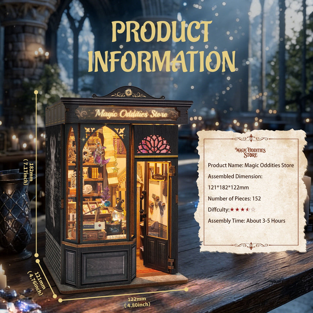 Strucwood Magic Oddities Store DIY Wooden Book Nook Kit with Touch LED Lights,3D Miniature Wizard Shop Puzzle Craft Gifts for Adults(SQ-109)