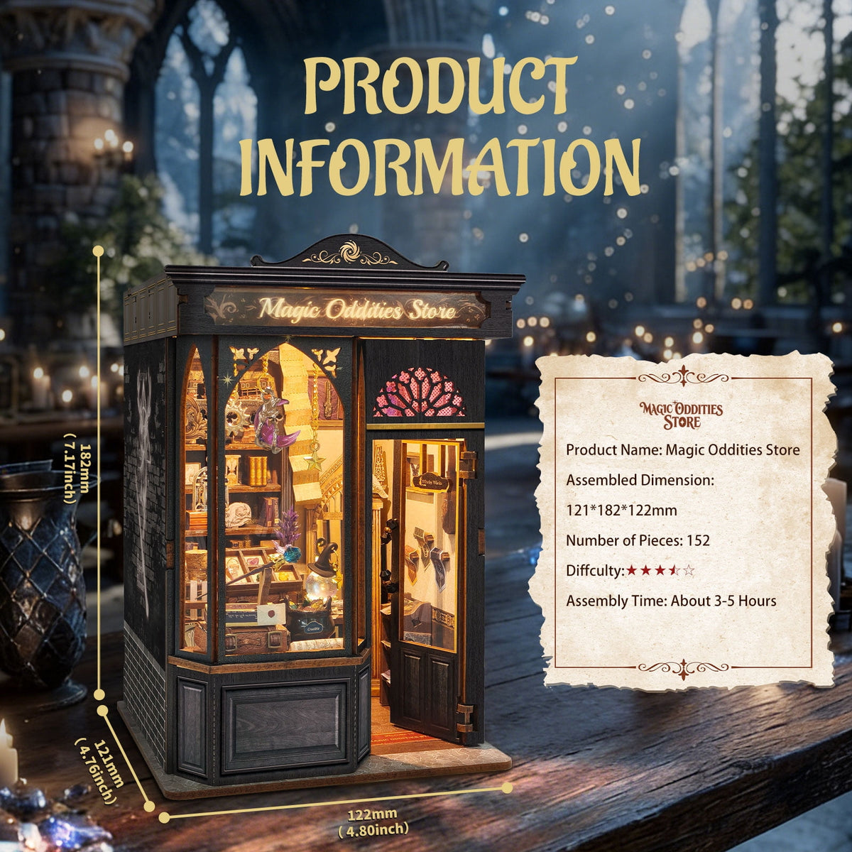 Strucwood Magic Oddities Store DIY Wooden Book Nook Kit with Touch LED Lights,3D Miniature Wizard Shop Puzzle Craft Gifts for Adults(SQ-109)