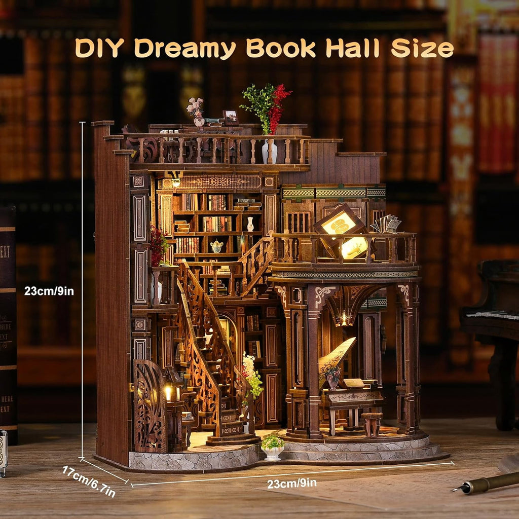 Book Nooks for Adults, DIY 3D Wooden Puzzle Miniature House Book Nook Kit,with Led Light, Model Kits Craft Kits for Adults, Home Decor & Gift (Dreamy Book Hall)
