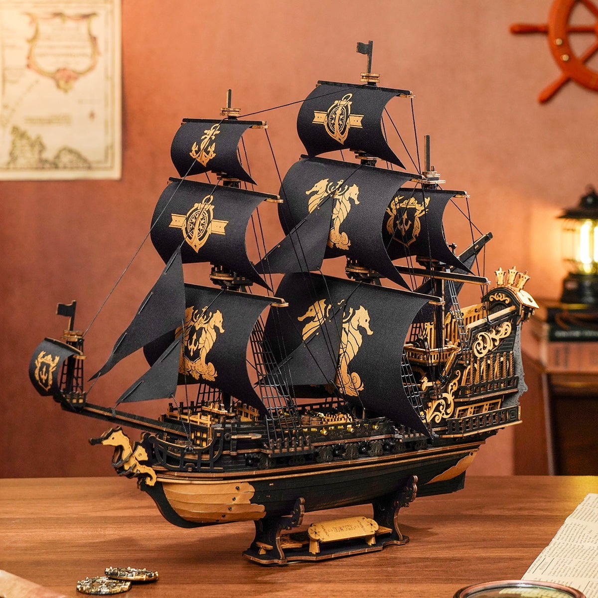 ROKR Seahorse Barque 3D Wooden Puzzle, 1:100 Scale Ship Model Diy Building Toy for Adults Gift