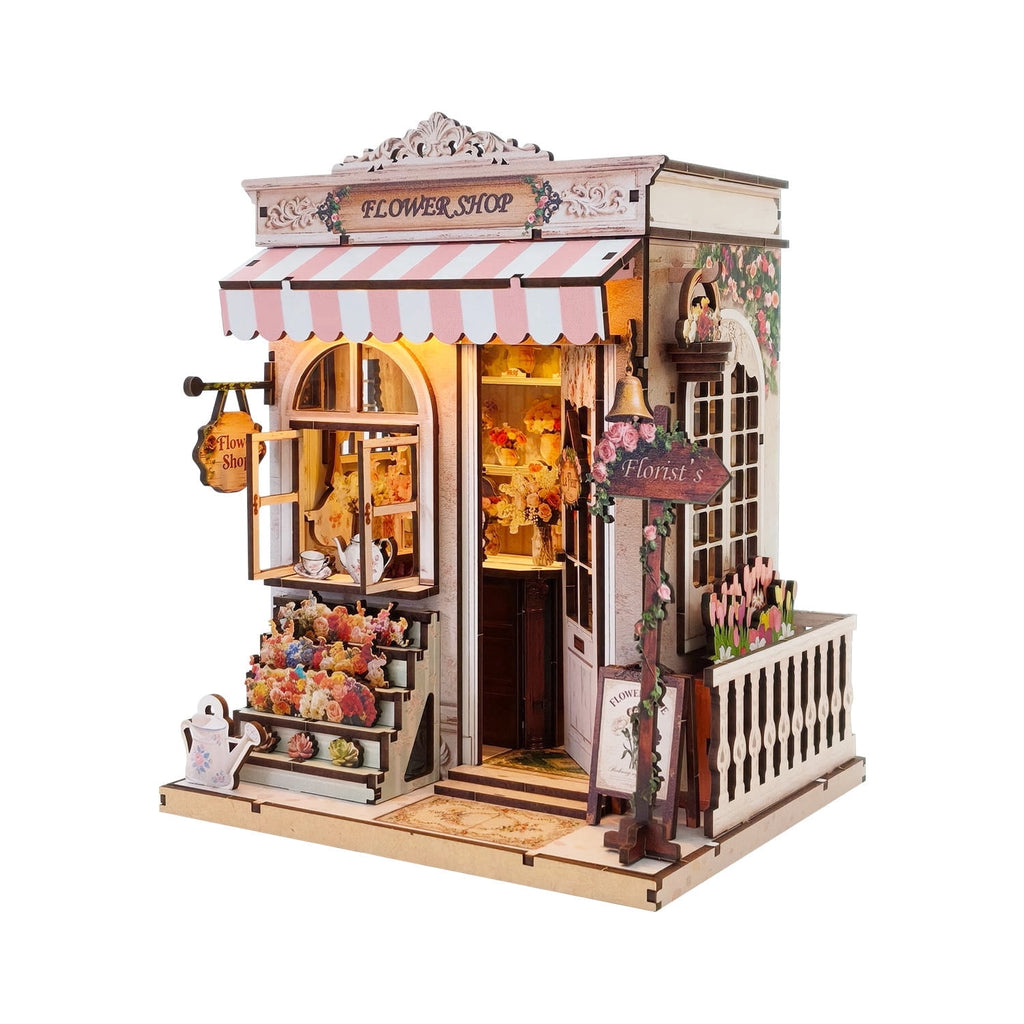 Music Park Charming Sweet Eaves Florist Book Nook Kit - 3D Wooden Puzzle with LED Lights, DIY Vintage Flower Shop Miniature Dollhouse, Unique Birthday Gift for Adults