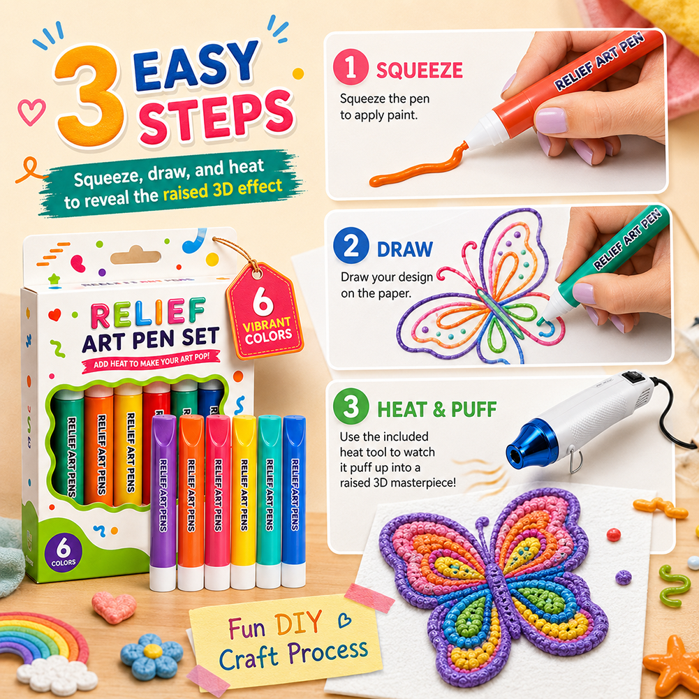 Relief Art Pen Popcorn Puffy Pens on Different Surfaces DIY Magic Drawing Pen Included Heater Tool Create Raised Bubble Markers for Crafts