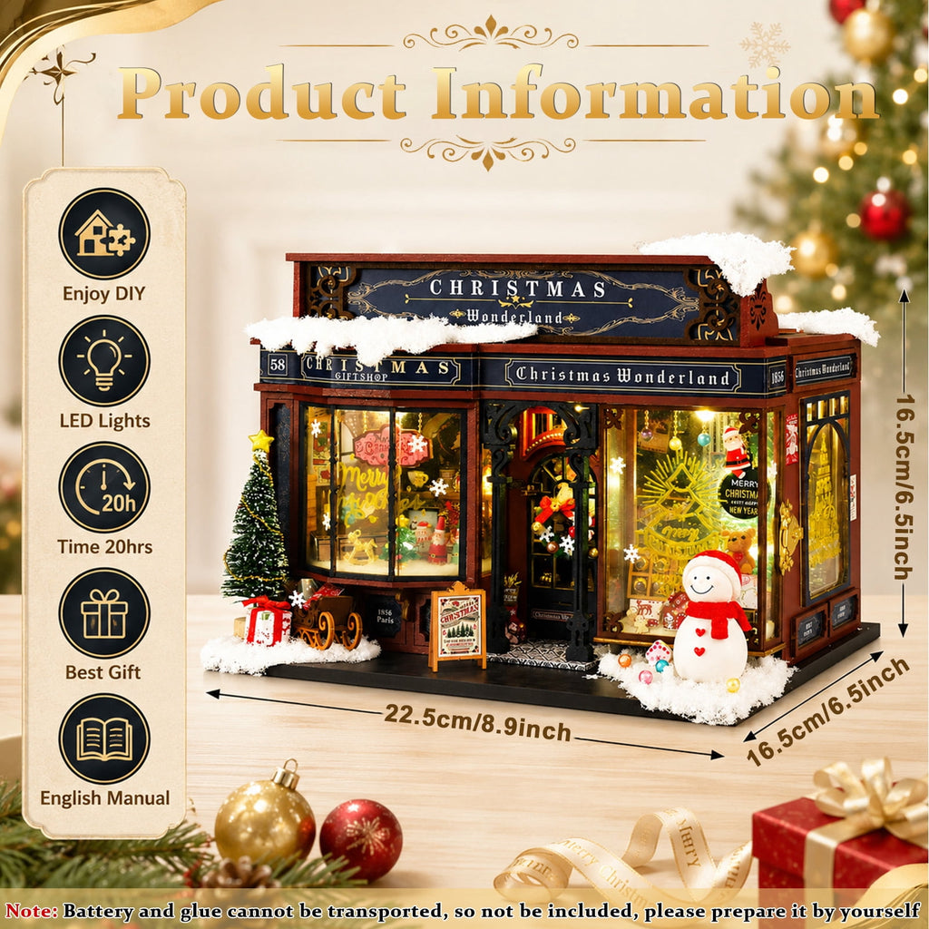 MOJINO Christmas Wonderland DIY Miniature House Kit with LED Lights, Wooden Doll House 3D Puzzle Book Nook Kit for Adults, Christmas Store Miniature Home Decor Gift