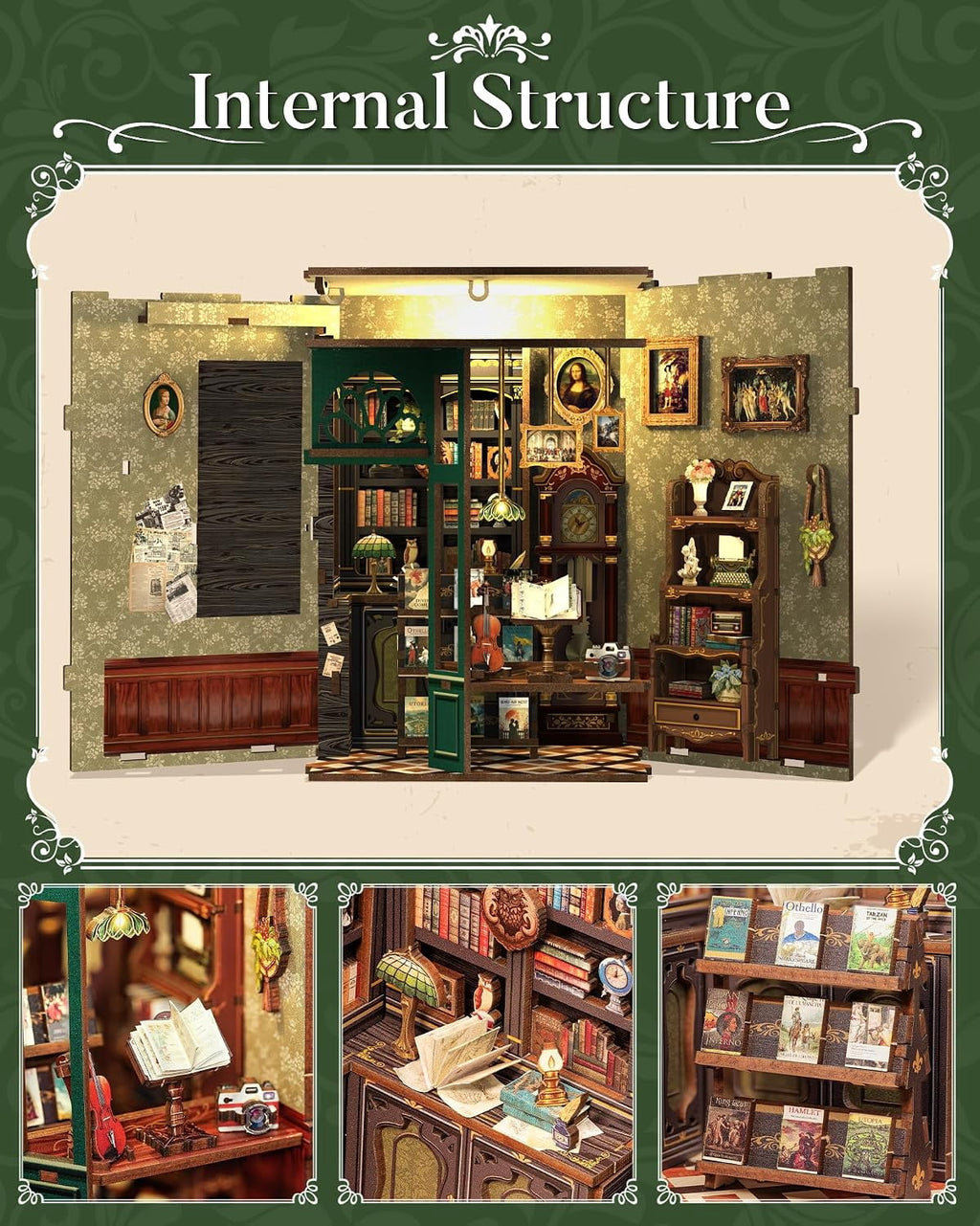 DIY Book Nook Kit, Owl Bookstore Miniature Dollhouse Bookend, Wooden 3D Puzzle Book Corner with LED Light, Handmade Mini House Model Kit for Bookshelf Decor, Gift for Adults & Teens