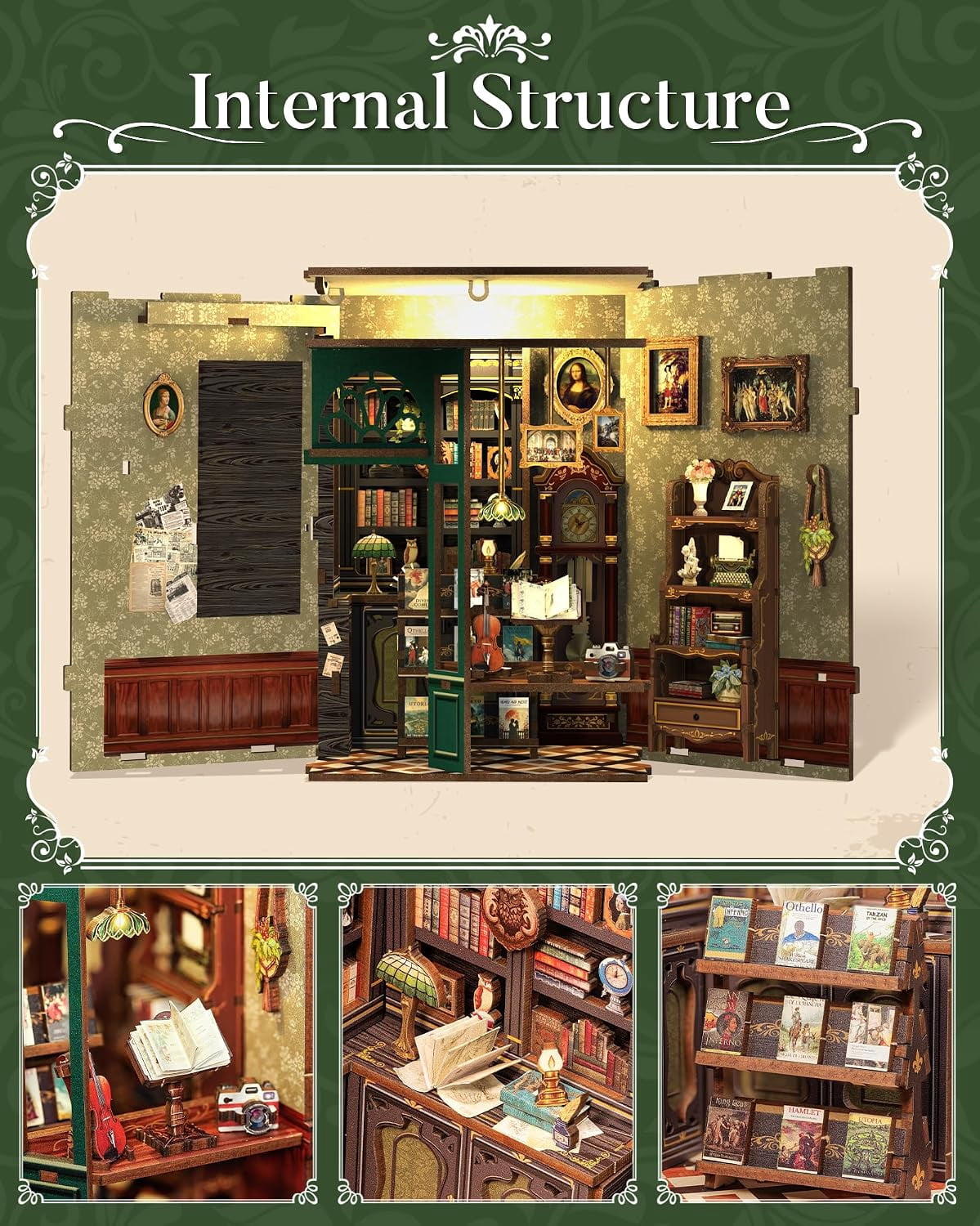 DIY Book Nook Kit, Owl Bookstore Miniature Dollhouse Bookend, Wooden 3D Puzzle Book Corner with LED Light, Handmade Mini House Model Kit for Bookshelf Decor, Gift for Adults & Teens