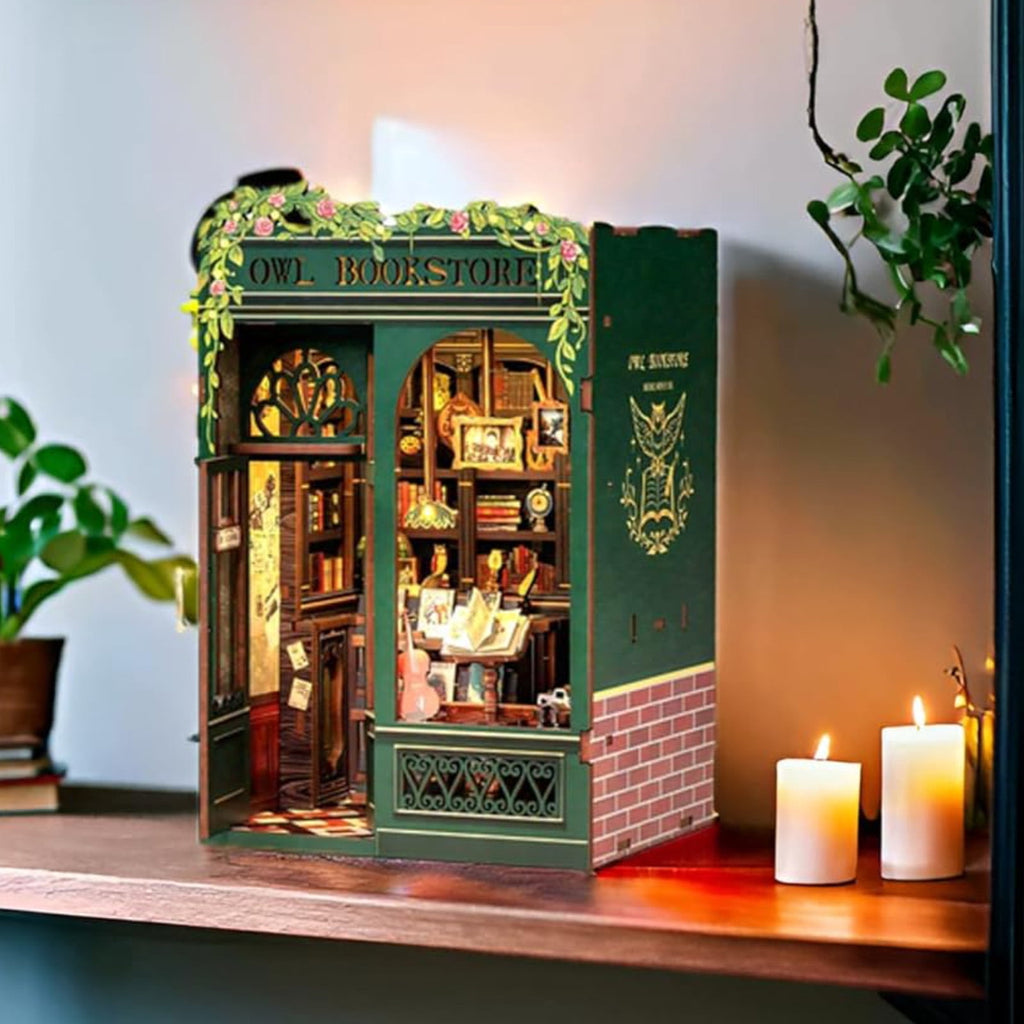 Book Nook Kit, DIY Scene Miniature House Kit Tiny House Mini Booknook Craft Bookshelf Decor, 3D Puzzles for Adults, 139 Wooden Pieces, Scale Library Model, Gifts for Book Lovers（OWL Bookstore）