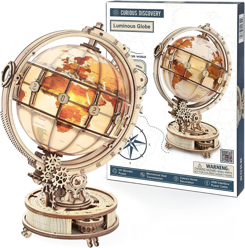 ROKR 6" World Luminous Globe 180 Pieces 3D Wooden Puzzle Model-Self Assembled Tellurion Building Toys