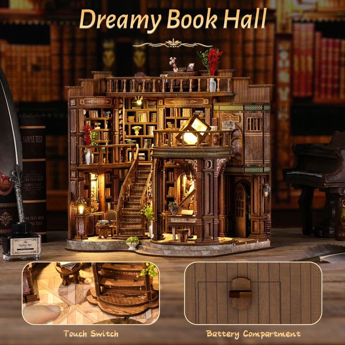 LSNOYRD DIY Book Nook Kit with LED Light, Dreamy Book Hall 3D Wooden Puzzle Miniature House Bookend for Bookshelf Decor, 888PCS, Craft Gift for Adults