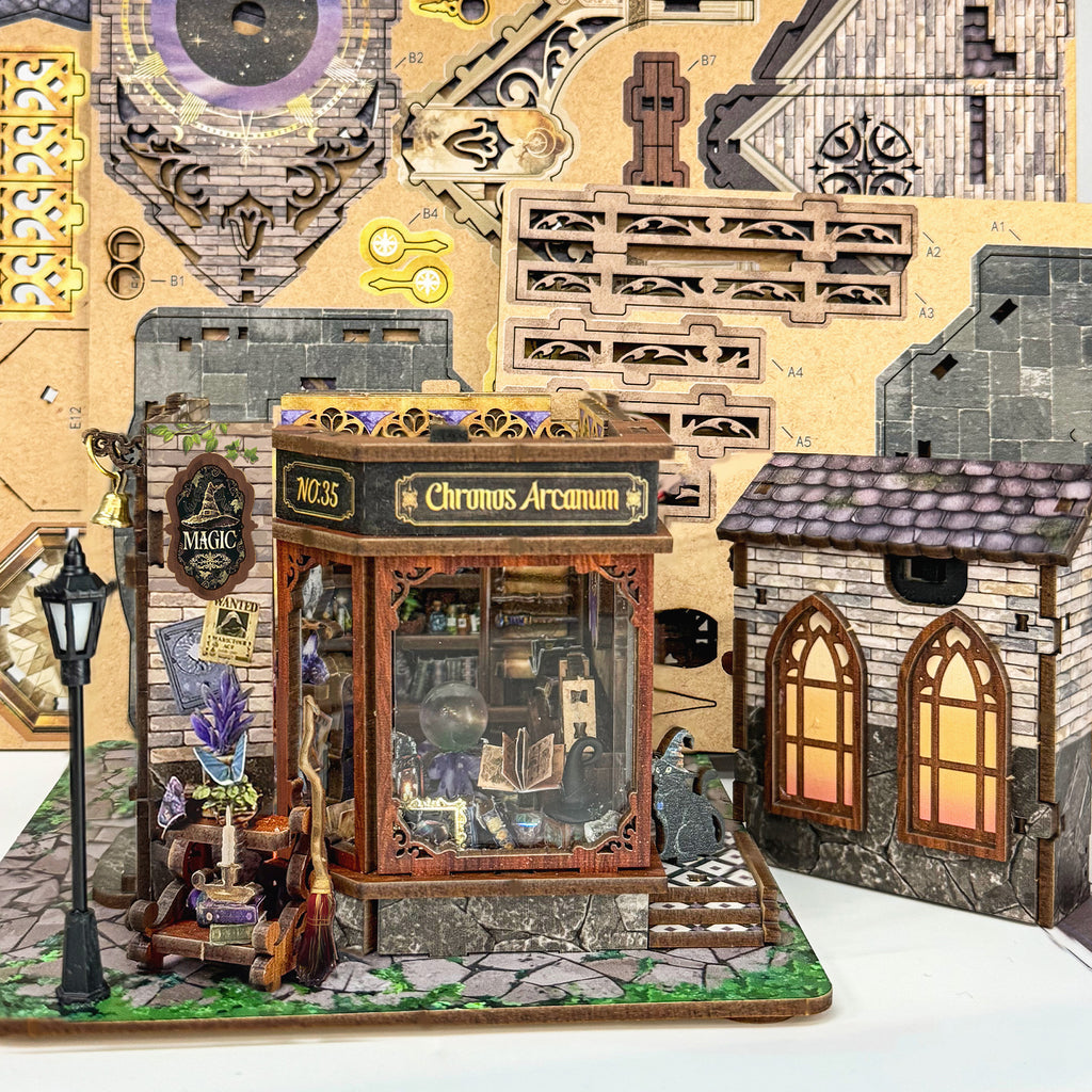 Strucwood DIY Book Nook Kit Time Magic Club: Magical Clock Tower, LED Lights, 3D Wooden Puzzle Gift for Adults（SQ-71）