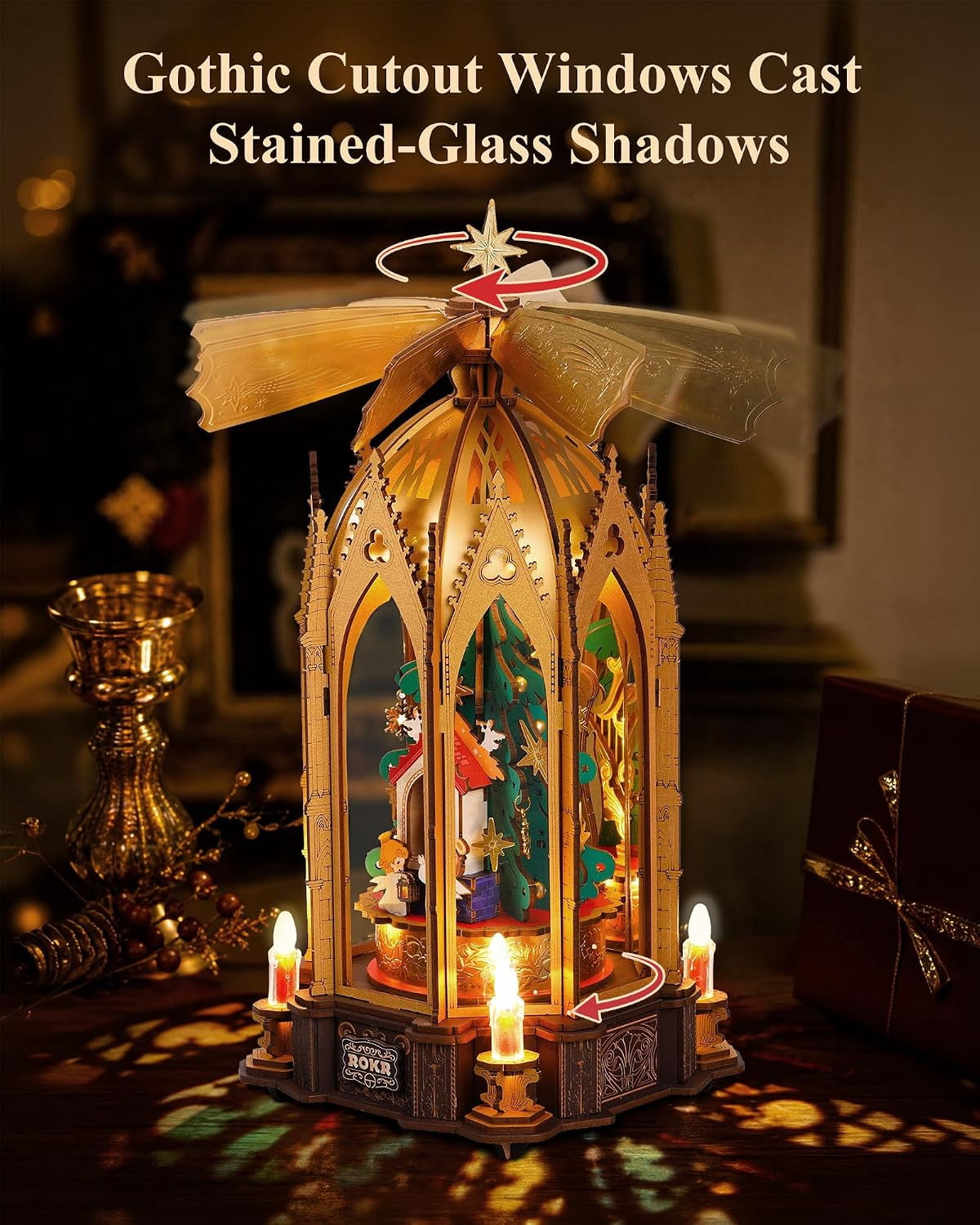 ROKR Blessed Christmas Pyramid, 3D Wooden Puzzle with Rotating Rotor and Candle Powered Movement, 263-Piece DIY Holiday Decor Model for Adults Xmas Gift