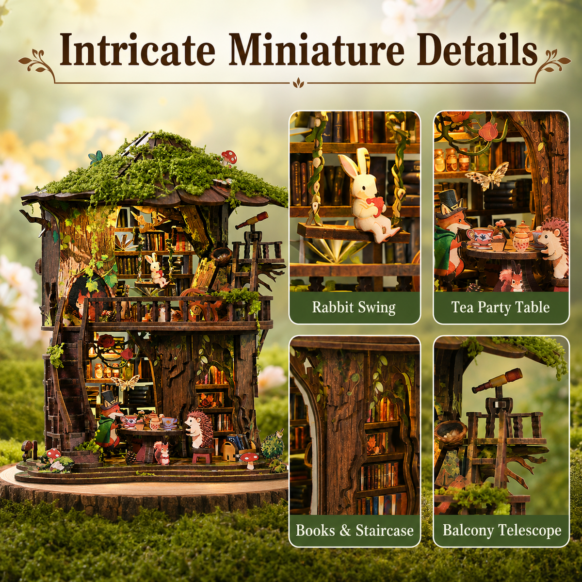 DIY Book Nook Kit with LED Light,Forest Tea Book Club Miniature House Bookshelf Insert Decor, 3D Wooden Puzzle Dollhouse Craft Kit for Adults Teens, Book Lover Gift