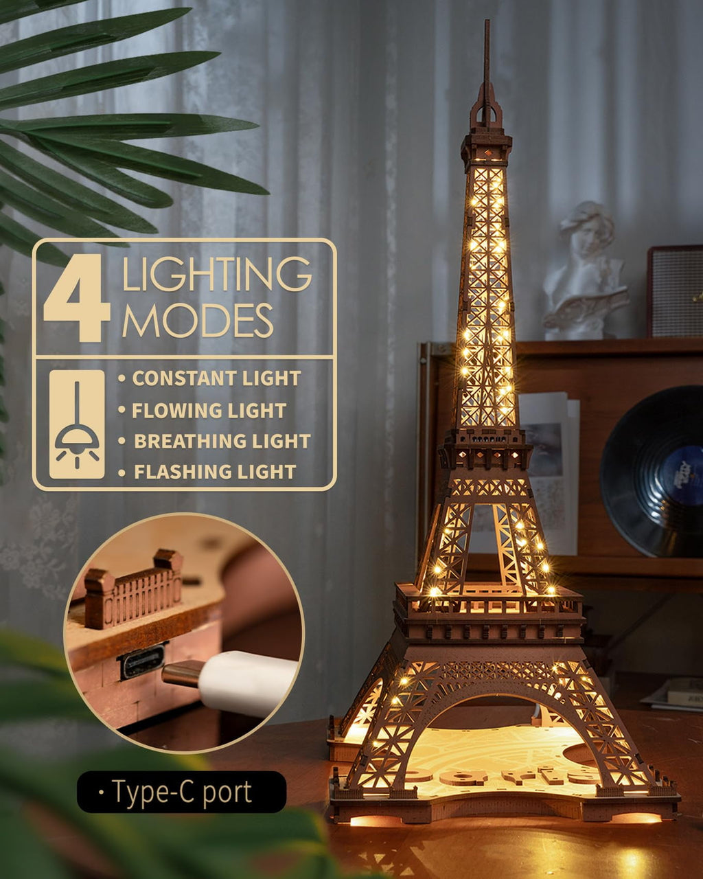 Rolife Night of the Eiffel Tower 3D Wooden Puzzle,Craft Kits With Lights Architecture Construction Model for Teens Adult