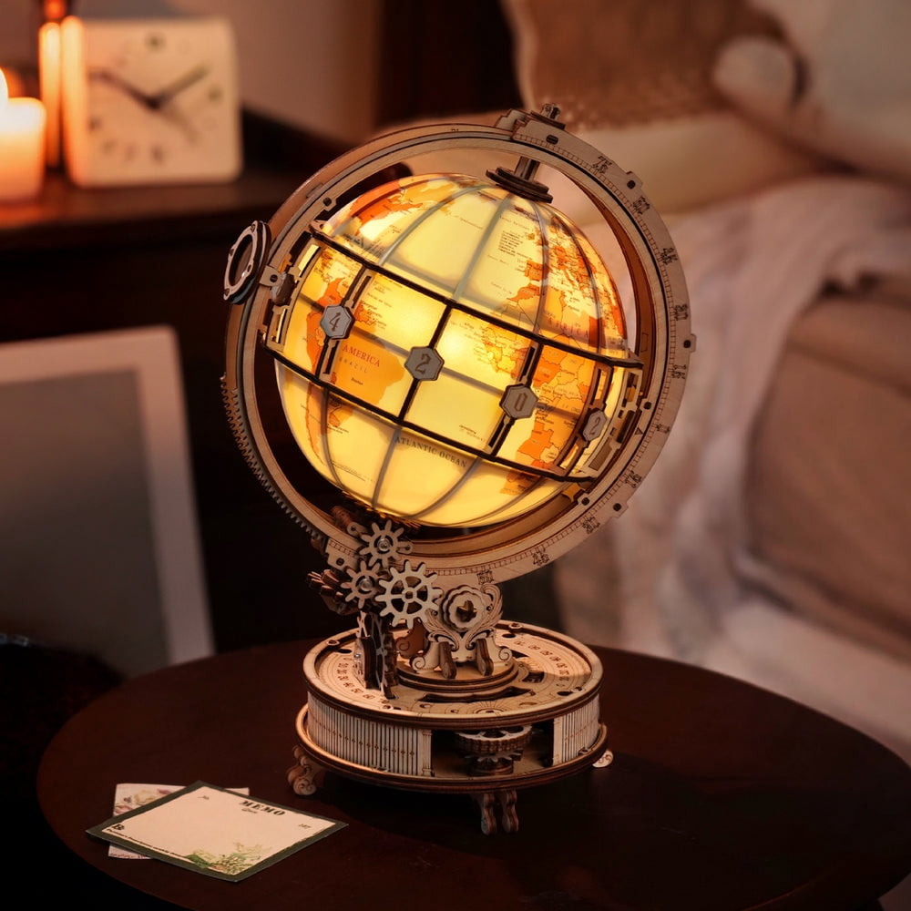 ROKR Luminous Globe 3D Wooden Puzzle for Adults, Electric Rotating Illuminated Globe with Stand, 180-Piece DIY Model Building Kit with LED Light, Home Office Desk Decor Birthday Gift