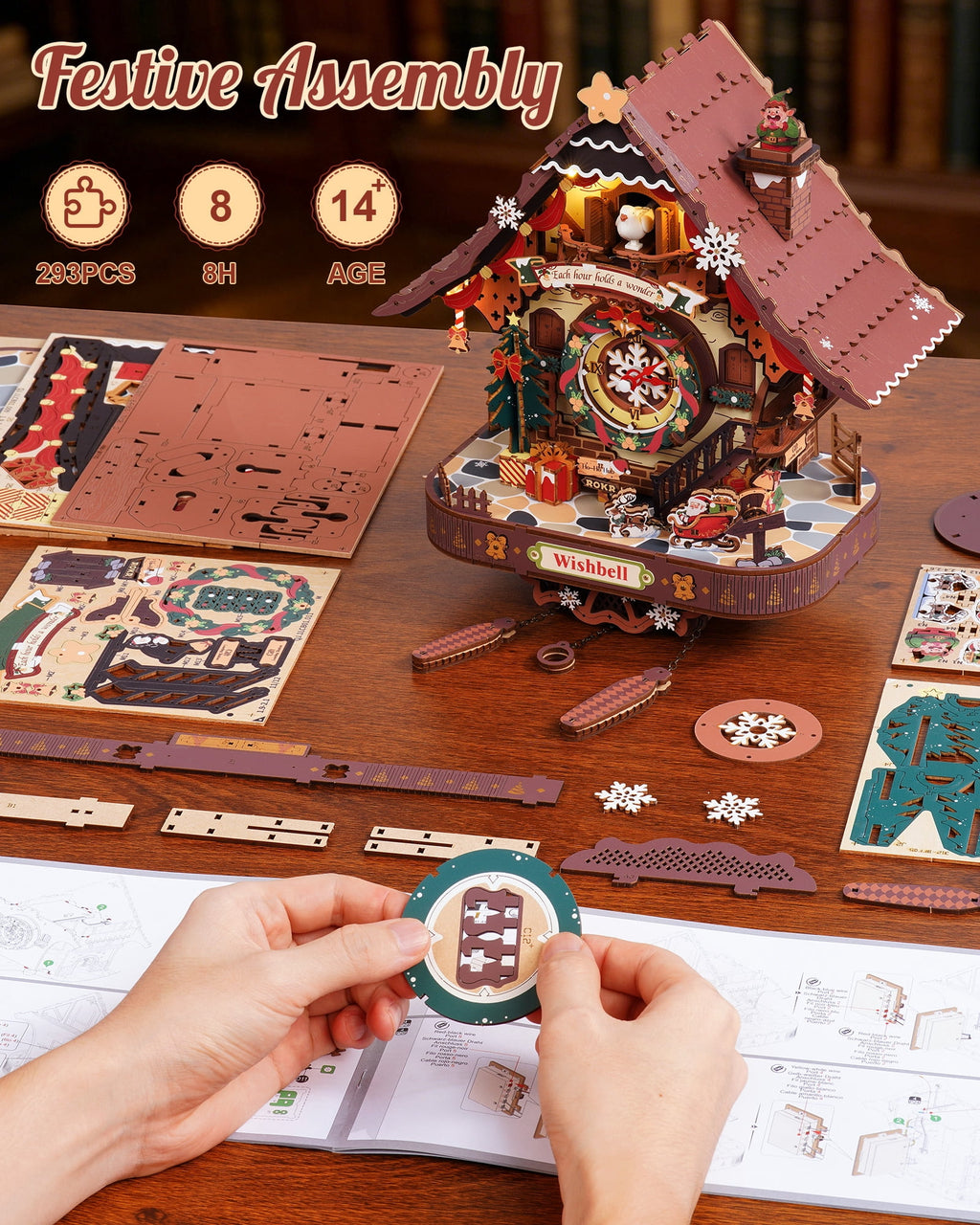 ROKR Christmas Cuckoo Clock, Wooden 3D Puzzle Mechanical Model Kit with LED Light and Moving Parts, Holiday Home Decor Display Xmas Gift for Adults