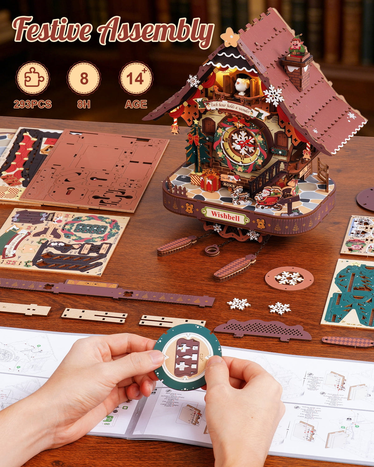 ROKR Christmas Cuckoo Clock, Wooden 3D Puzzle Mechanical Model Kit with LED Light and Moving Parts, Holiday Home Decor Display Xmas Gift for Adults