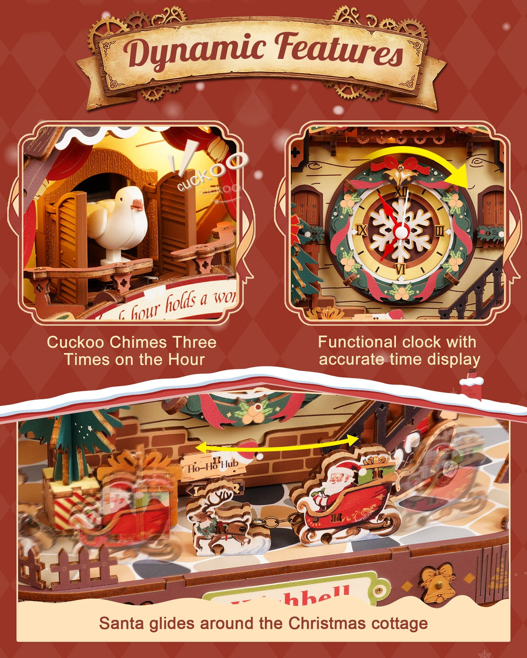 ROKR Christmas Cuckoo Clock, Wooden 3D Puzzle Mechanical Model Kit with LED Light and Moving Parts, Holiday Home Decor Display Xmas Gift for Adults