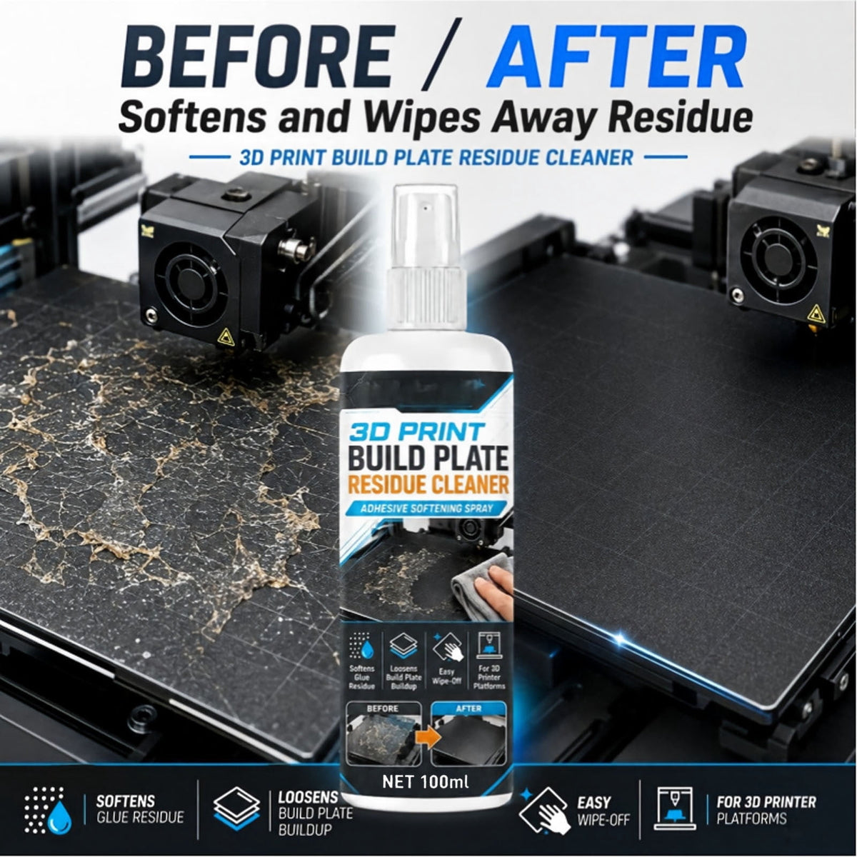 3D Printer Build Plate Cleaner Spray, 3.4oz Cleaning Agent that Removes Oil Residue And Fingerprints for PEI Glass Flex Plates 3D Printing Maintenance