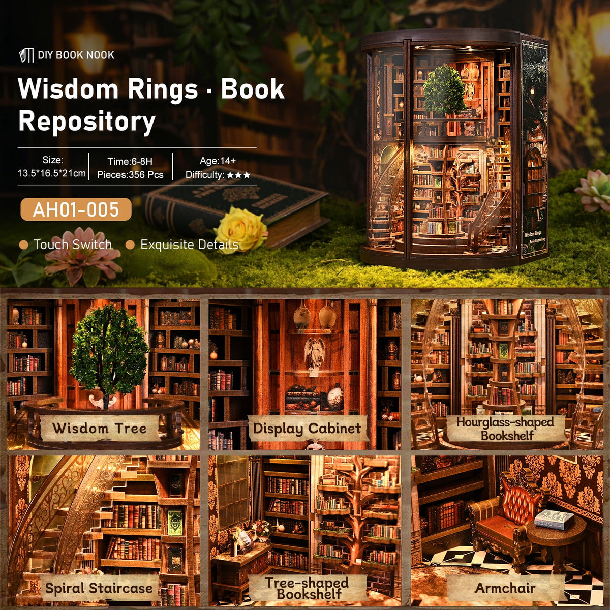 Structwood DIY Book Nook Kit Wisdom Rings Book Repository Wooden Puzzle 3D Miniature Doll House Model with Sensor LED Lights Gift for Adults(AH01-005)