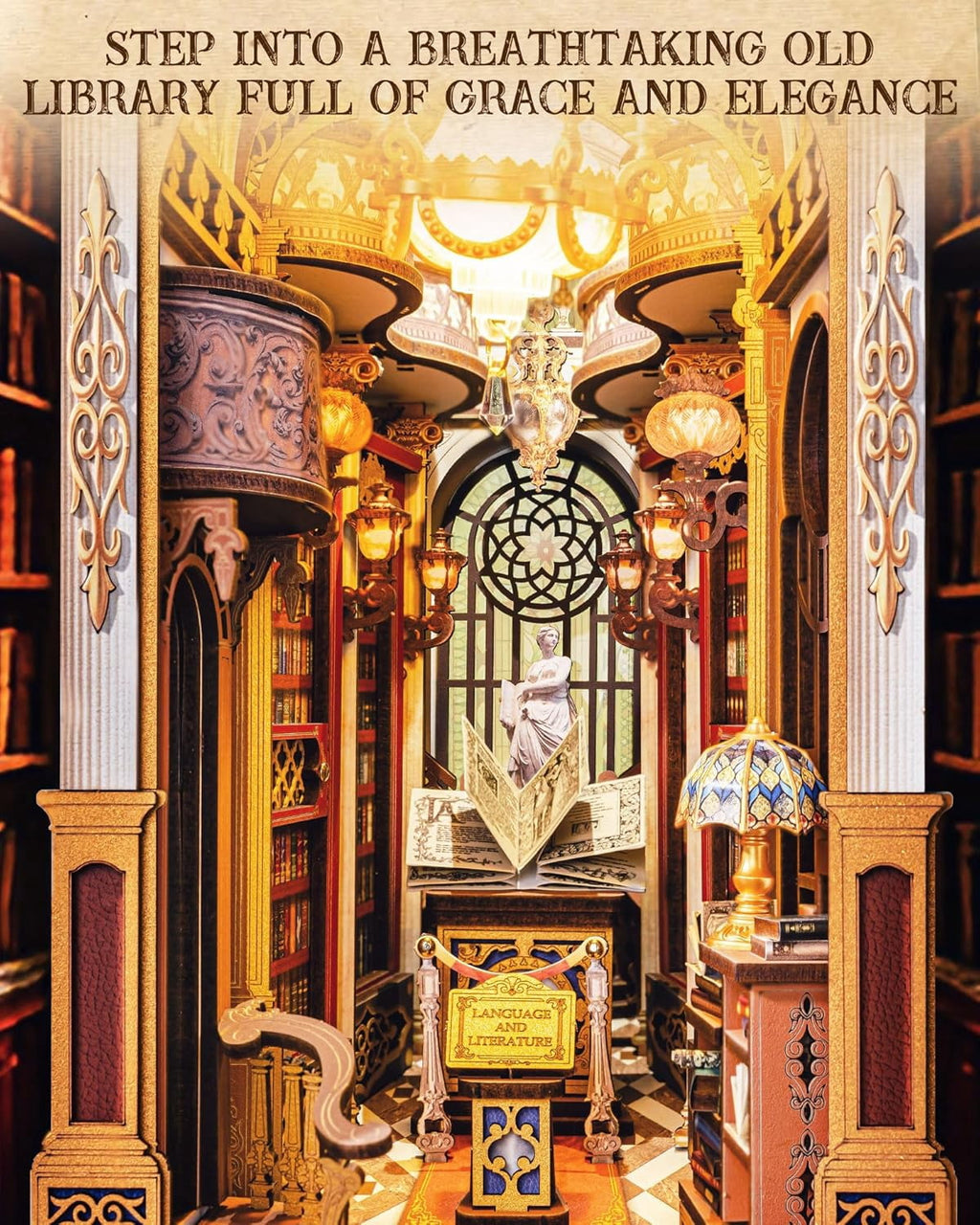 Rolife Library of Wonders 3D Puzzle Book Nook Kit, 10.4" Baroque Bookshelf Insert with Dual LED Lights, DIY Craft for Adults