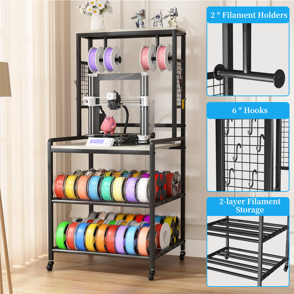 Heavy Duty 3D Printer Stand with Storage Shelf and Drawer, Industrial Rolling Printer Rack for 3D Printer Filament and Tools, Sturdy Metal Frame Printer Table for Home Office Workshop
