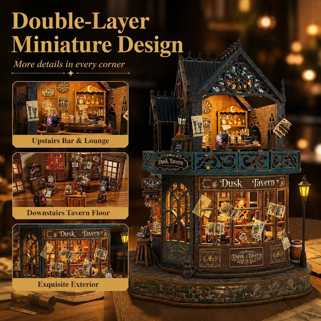 Twilight Tavern DIY Miniature House Kit – Wooden 3D Puzzle with LED Lights, Creative Building Model & Relaxing Craft Gift