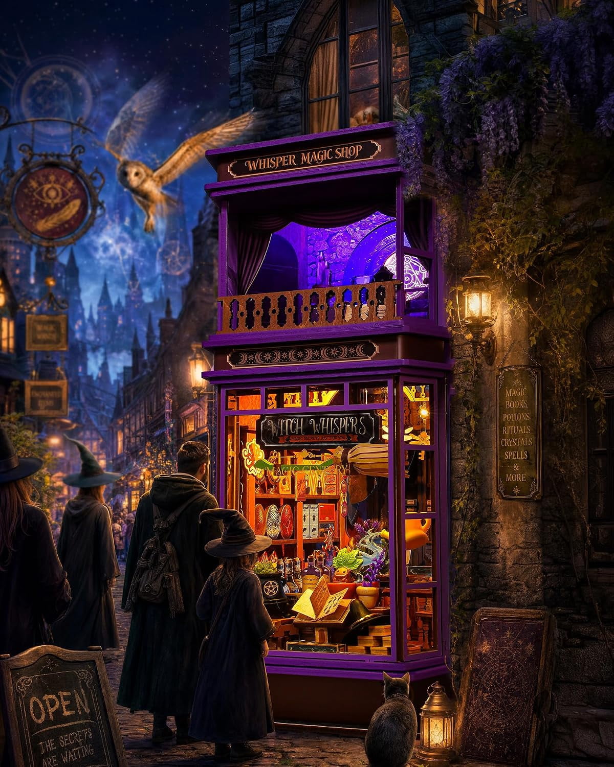 Rolife 442 Pieces Whisper Magic Shop with LED Light, 3D Wooden Puzzle Bookshelf Insert Decor for Adults and Book Lovers