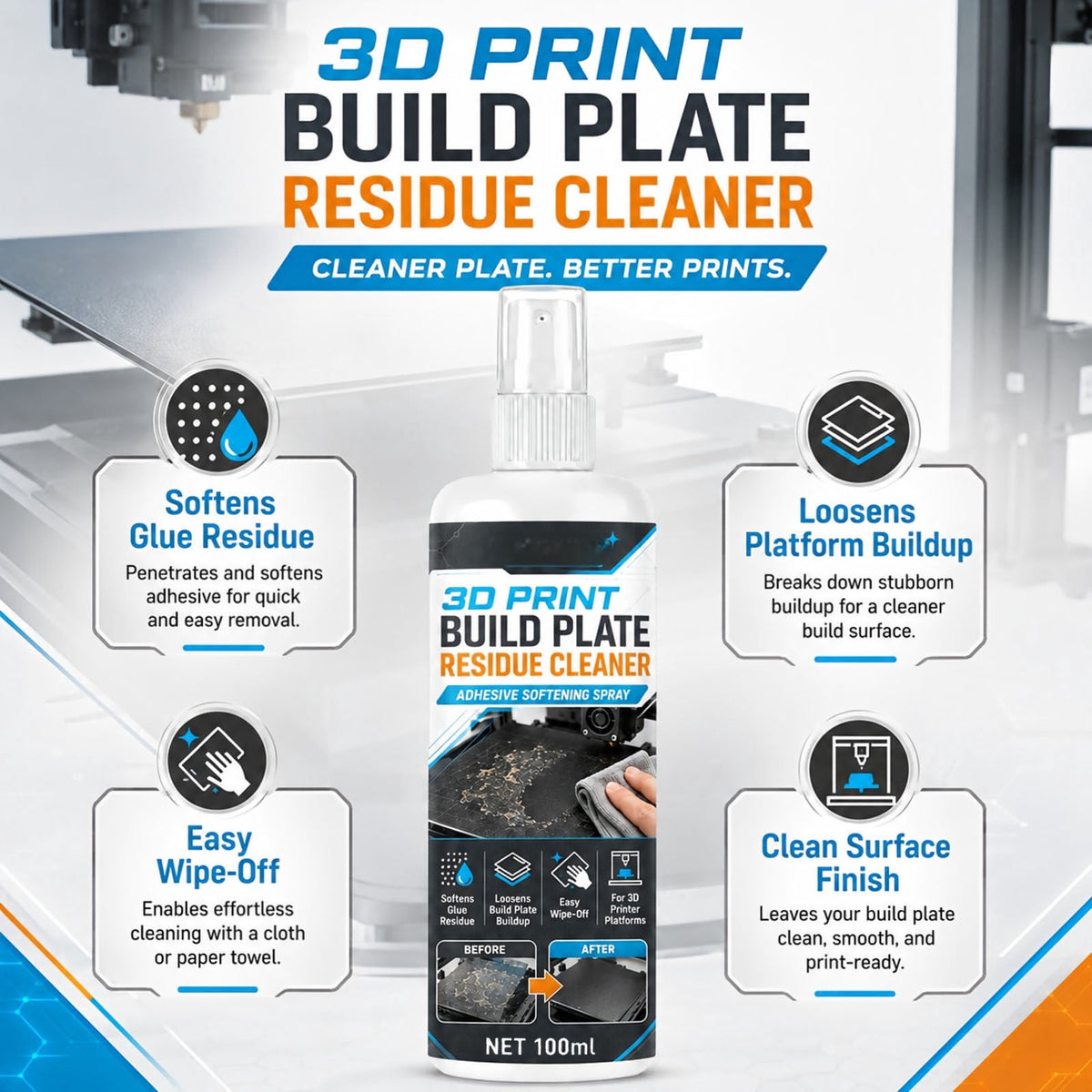 3D Printer Build Plate Cleaner Spray, 3.4oz Cleaning Agent that Removes Oil Residue And Fingerprints for PEI Glass Flex Plates 3D Printing Maintenance
