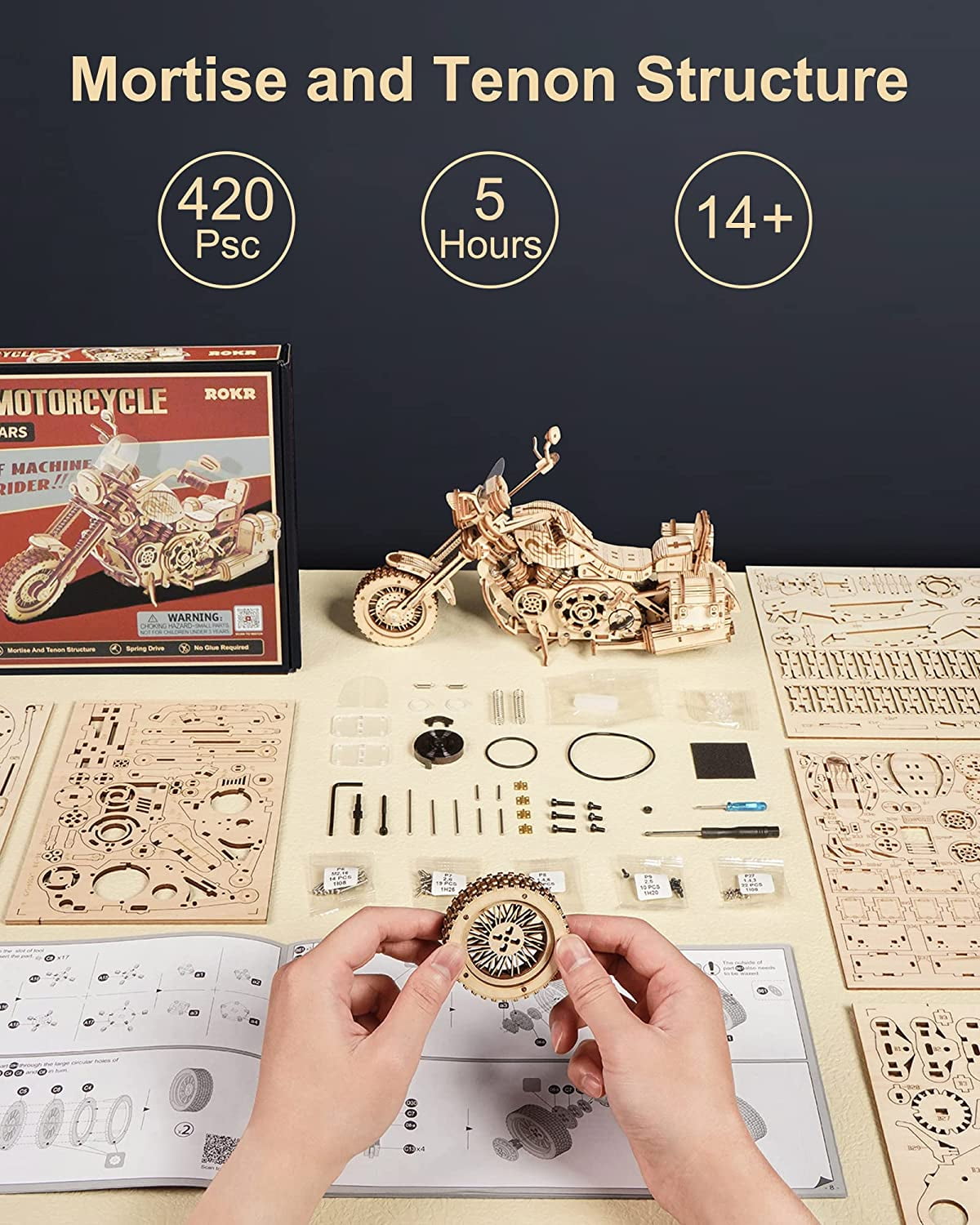 ROKR 420PCS Wooden Puzzles 3D Motorcycle Model DIY 1:8 Mechanical Adults-Brain Teaser Puzzle Birthday Gift for Kids Man/Woman