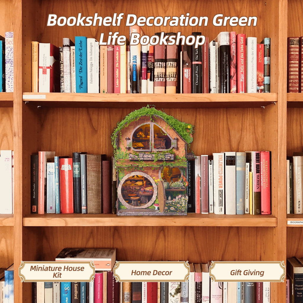 DIY Book Nook Kit for Adults, 3D Wooden Puzzle Tiny House Bookshelf Decor with LED Light, DIY Miniature House Kit Gifts for Family and Friends