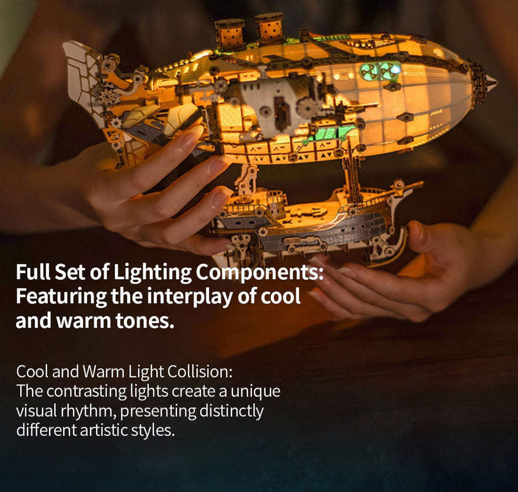 Steampunk Airship Blimp 3D Wooden Puzzle Model Kit with LED Lights, Vintage Desk Decor Craft Gift for Adults