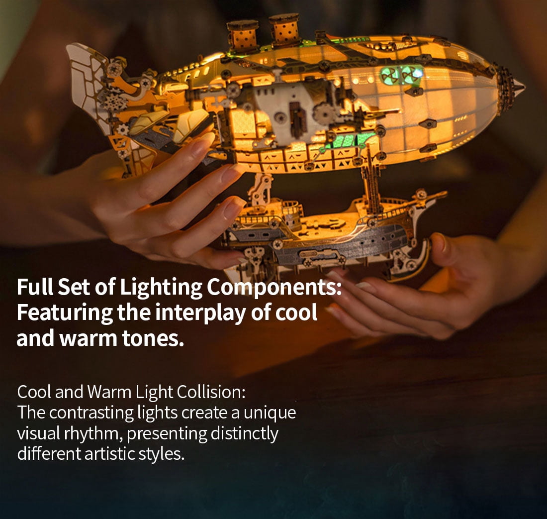 Steampunk Airship Blimp 3D Wooden Puzzle Model Kit with LED Lights, Vintage Desk Decor Craft Gift for Adults