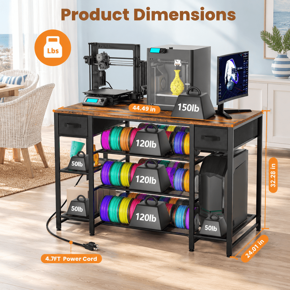 Rectangular Brown Heavy Duty Metal 3D Printer Table with Storage Drawer and Power Hub
