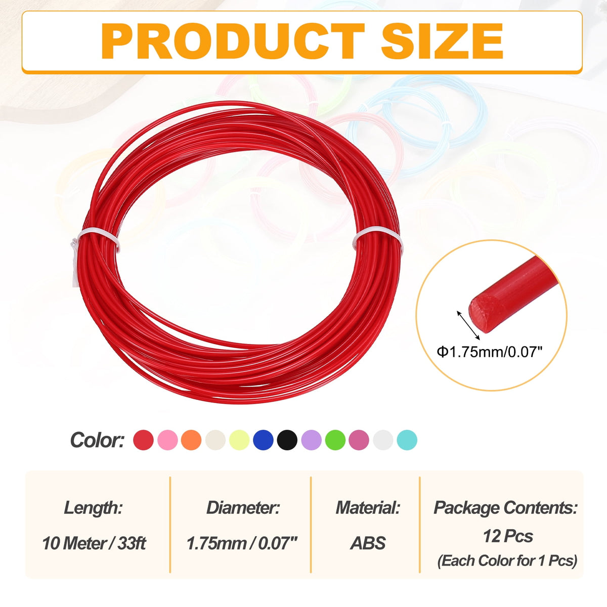 Uxcell 12 Colors ABS 3D Pen Printer Filament Refills, Each Color 32.8 Feet Total 394 Feet 1.75mm Printing Filament for Most 3D Printing Pens