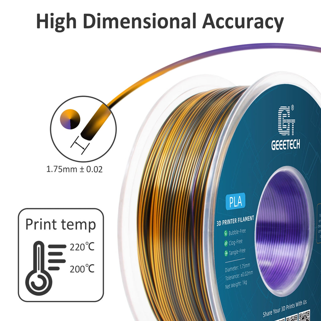 Geeetech Anti-silk type 3D Printer PLA Filament 1kg Toughness Enhanced Filament with 1.75mm Dimensional Accuracy +/-0.03mm, 1080 Feet per Roll, Vacuum Packaging Three-color blue, purple and black
