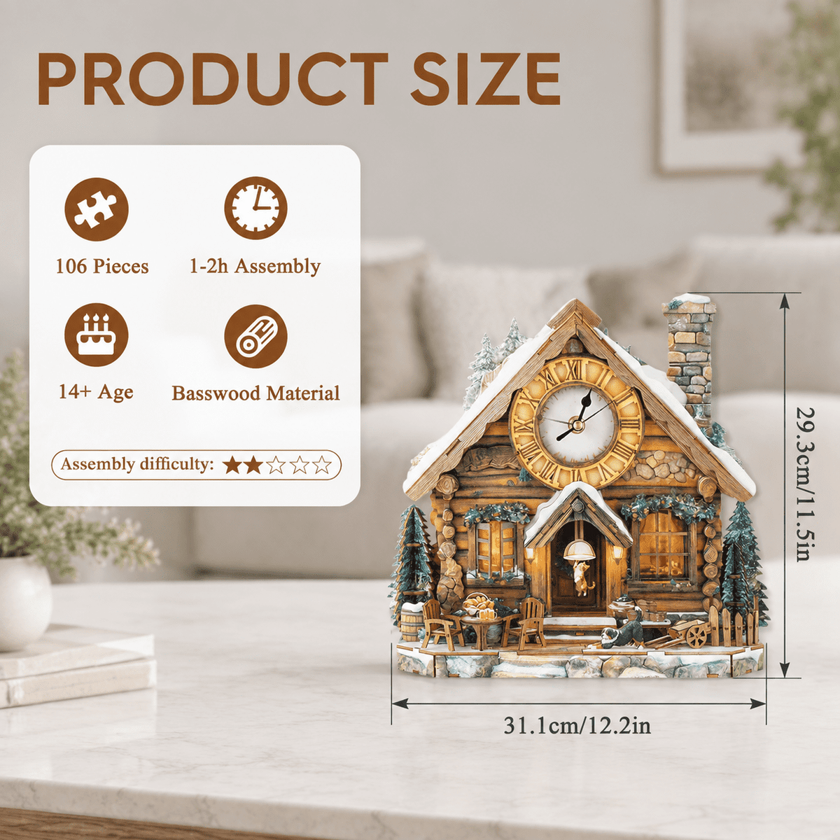 Wooden House Clock 3D Puzzle DIY Mechanical Clock Kit for Adults Teens