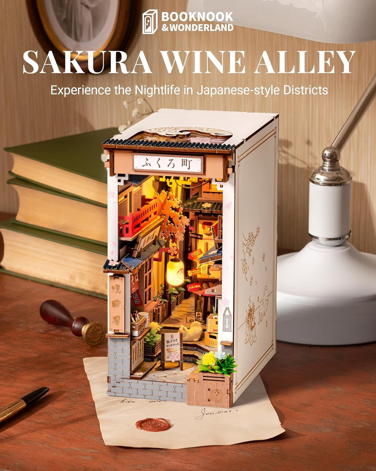 Robotime DIY Book Nook Kit Wooden 3D Puzzle Miniature House for Adults- Sakura Wine Alley