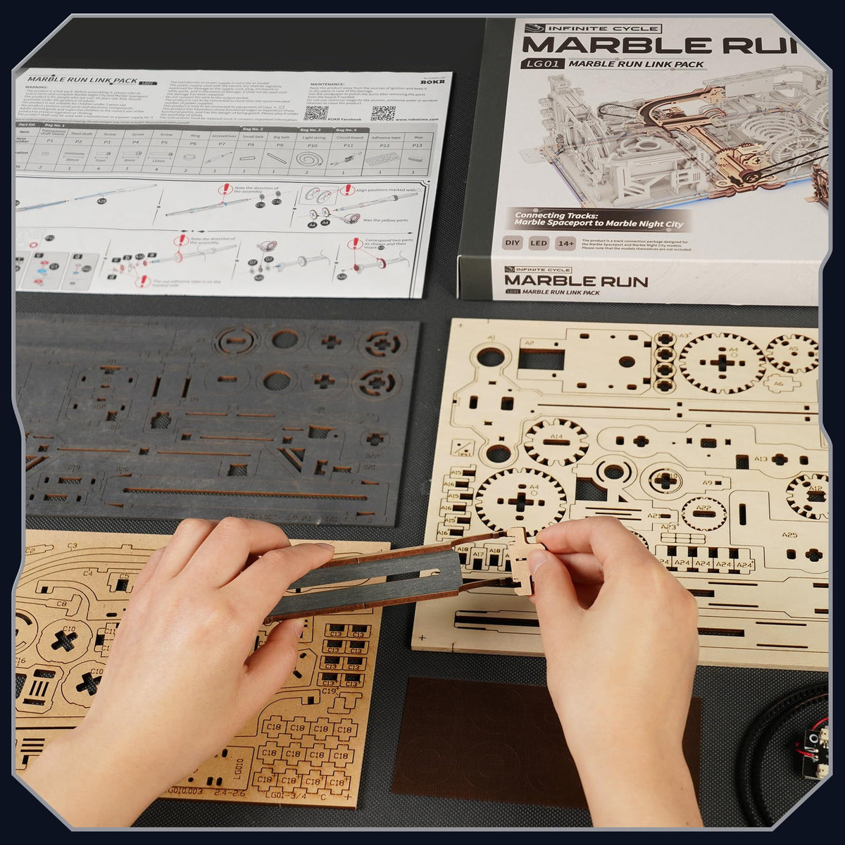 ROKR 3D Jigsaw Wooden Puzzle Marble Run Spaceport Electric Model Kit for Adults and Kids 472 Pieces
